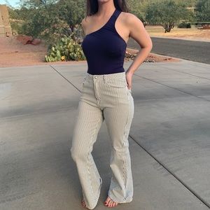 One shoulder navy body & navy stripped pants